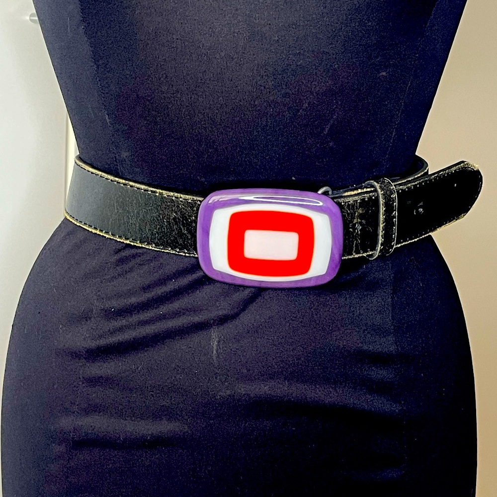 Handmade Fused Glass rectangular Belt Buckle w/ blk leather belt